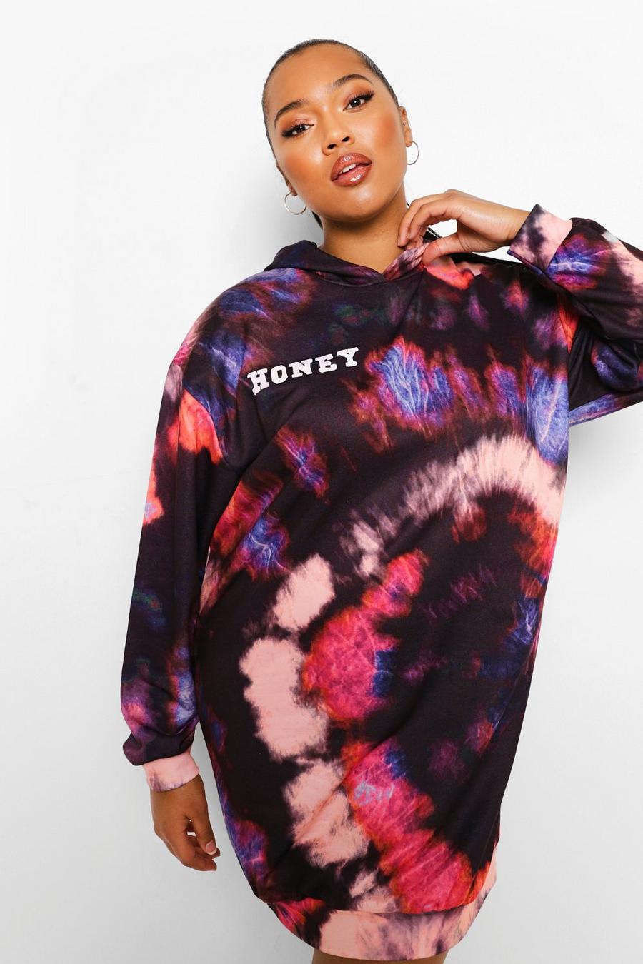 Black Plus Slogan Tie Dye Hooded Sweatshirt Dress image number 1