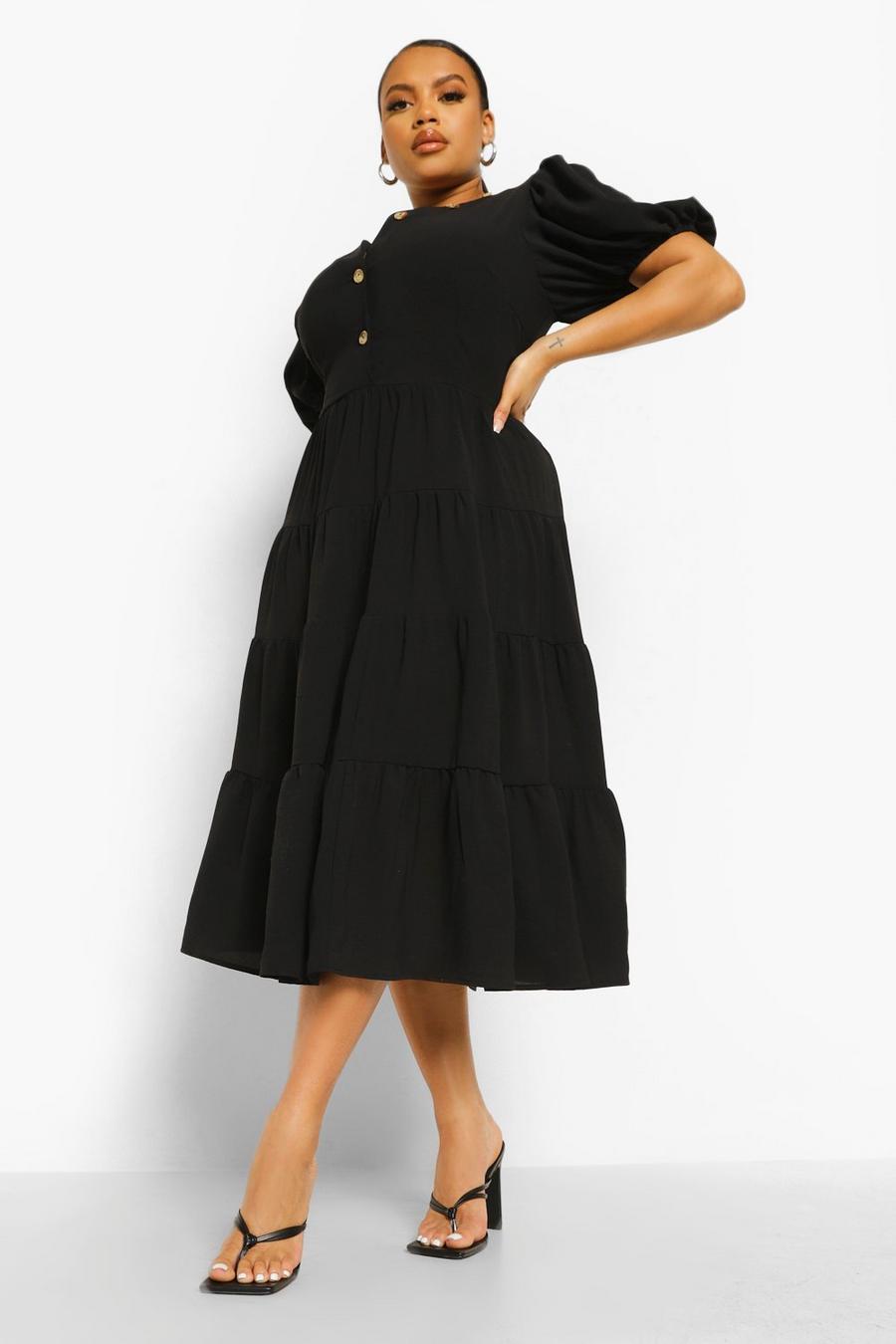 Black Plus Puff Sleeve Tiered Midi Dress