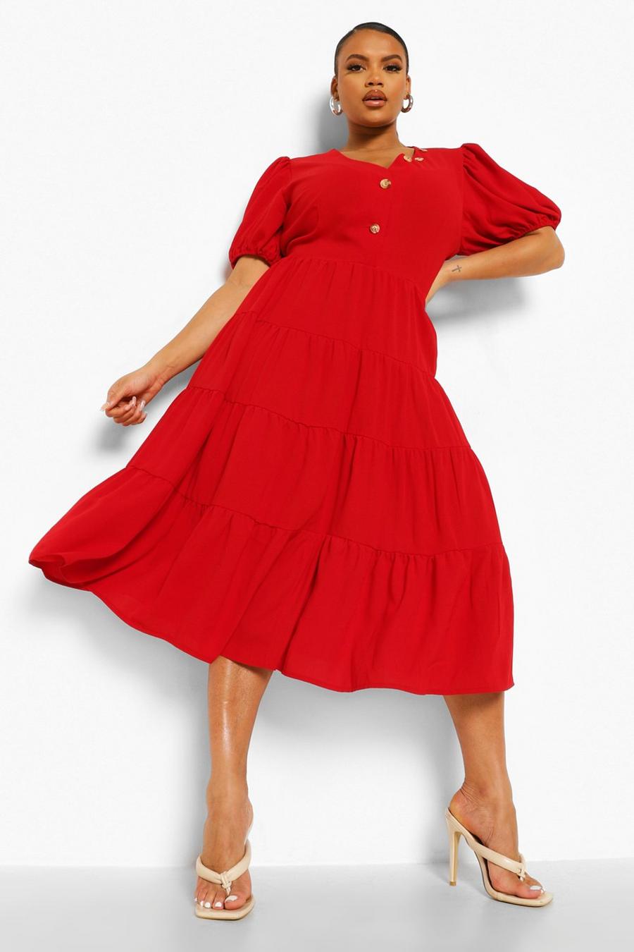 Red Plus Puff Sleeve Tiered Midi Dress image number 1