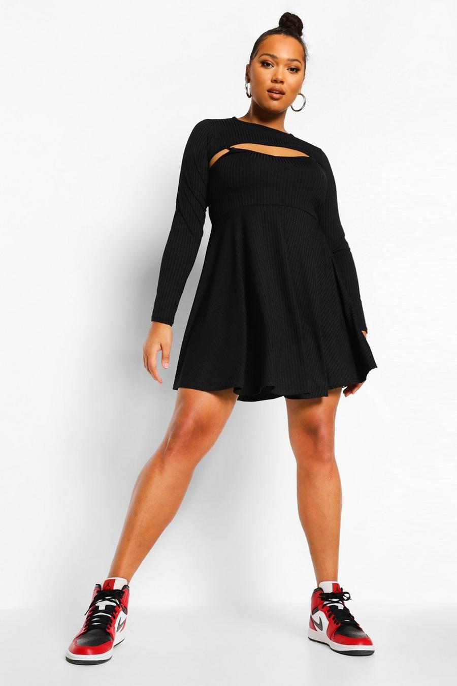 שחור שמלת סקייטר ג'מבו ריב עם פתח למידות גדולות image number 1