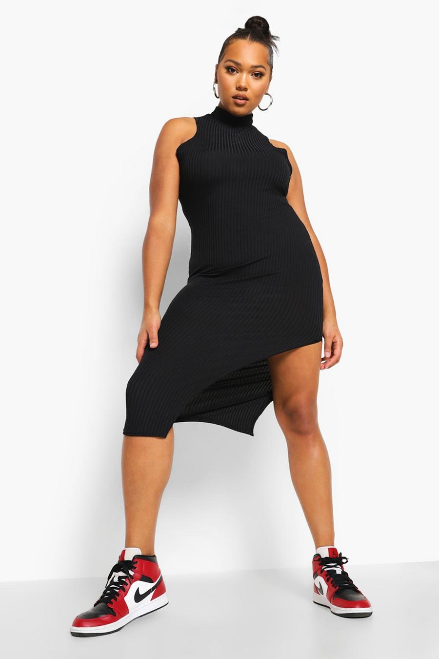 שחור שמלת מידי ג'מבו ריב עם צווארון רייסר למידות גדולות image number 1