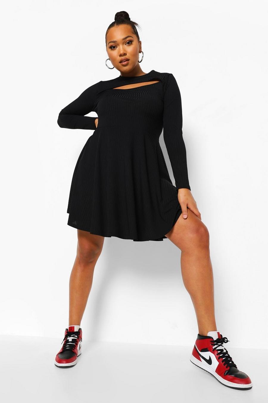 שחור שמלת סקייטר ג'מבו ריב עם פתח למידות גדולות image number 1