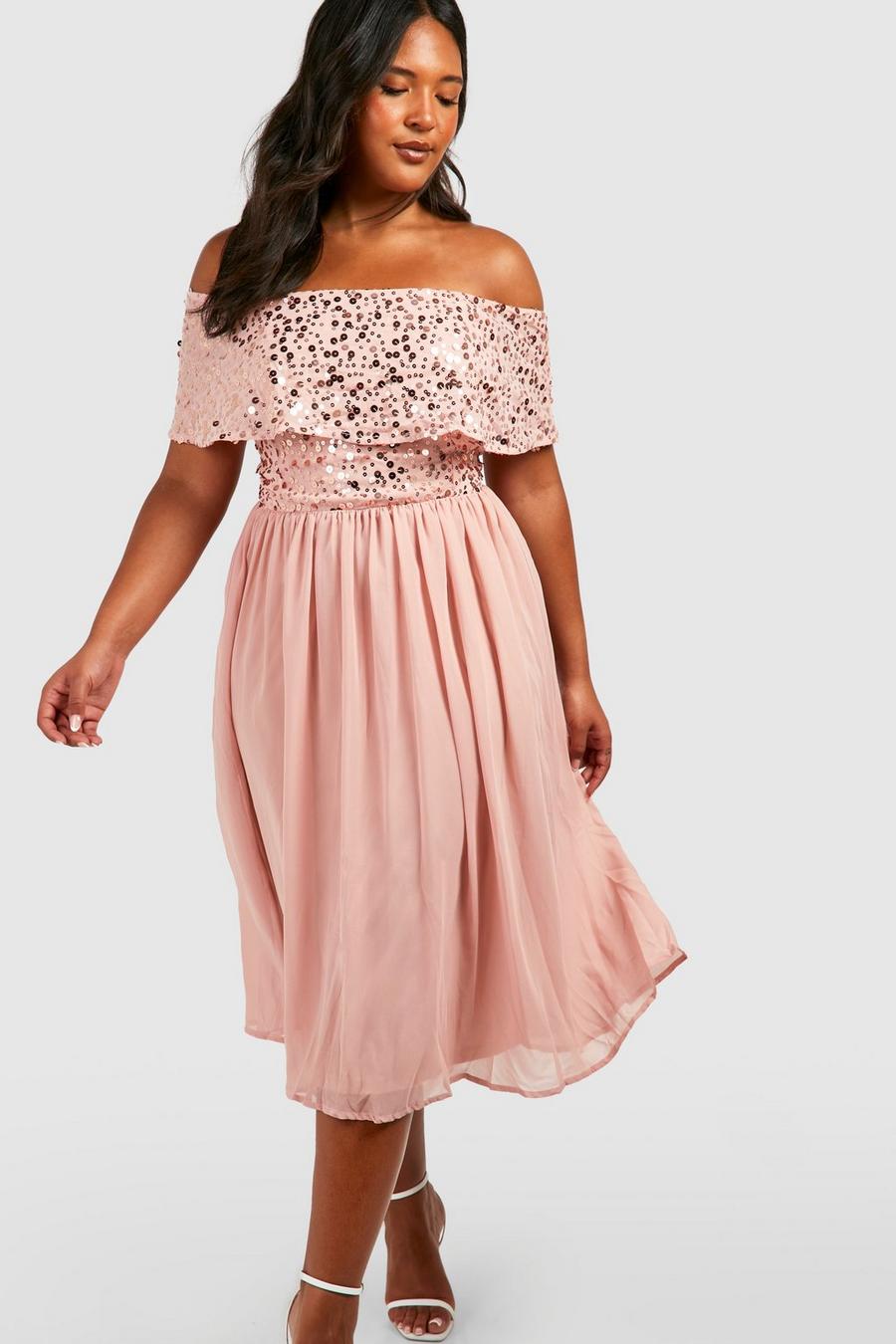Blush pink Plus - Knälång paljettklänning i bardotmodell image number 1