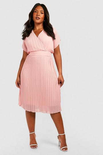 Blush Pink Plus Occasion Pleated Wrap Midi Dress