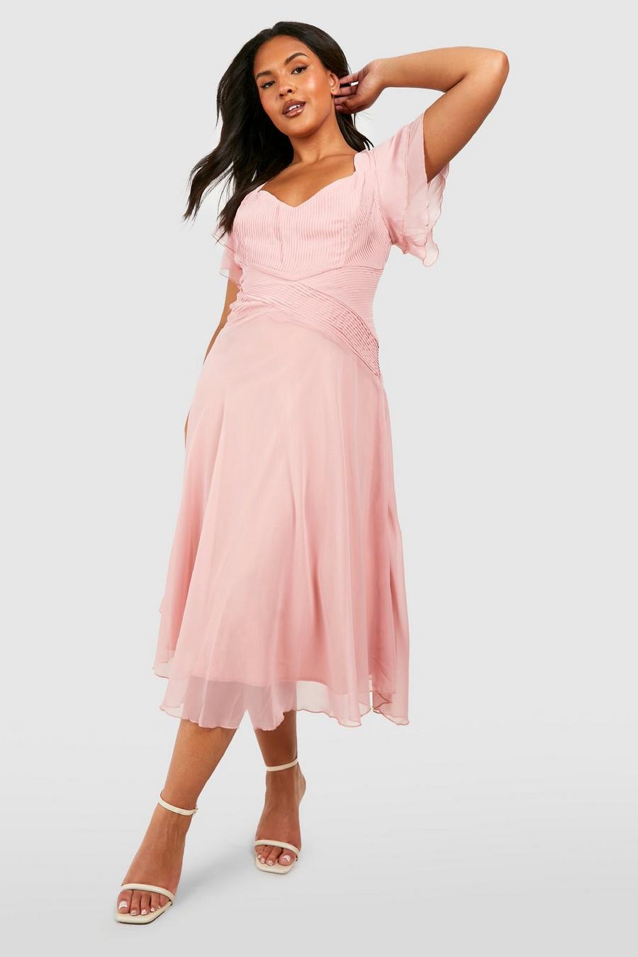Blush pink Plus Occasion Angel Sleeve Chiffon Midi Dress image number 1
