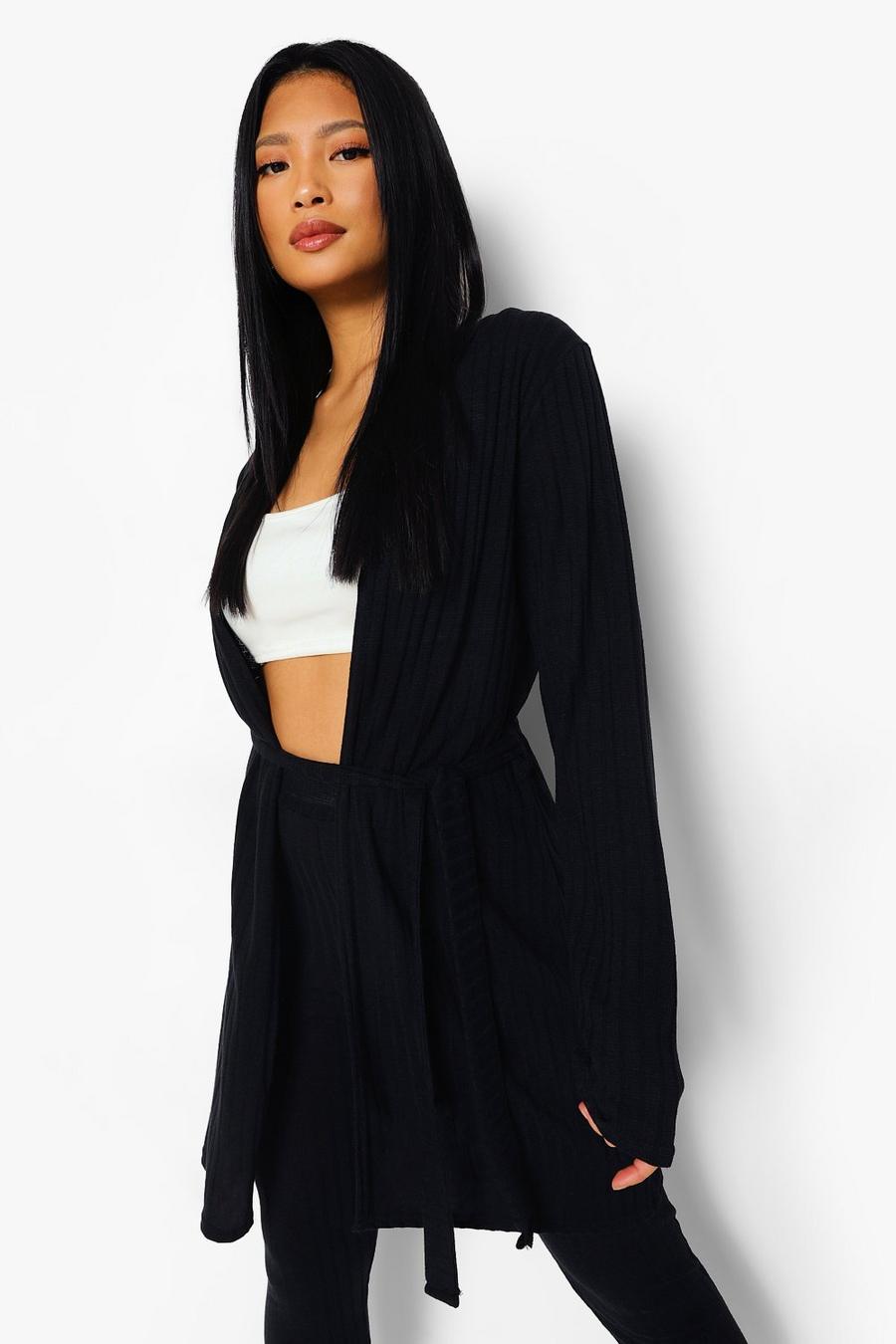 Black Petite Soft Knitted Rib Belted Cardigan image number 1