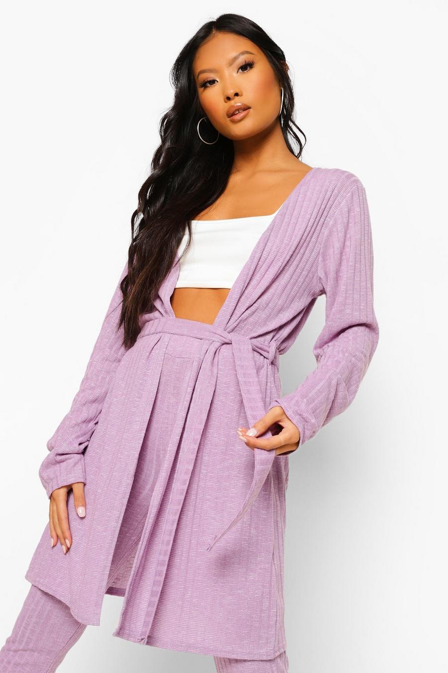 Lilac Petite Soft Knitted Rib Belted Cardigan image number 1