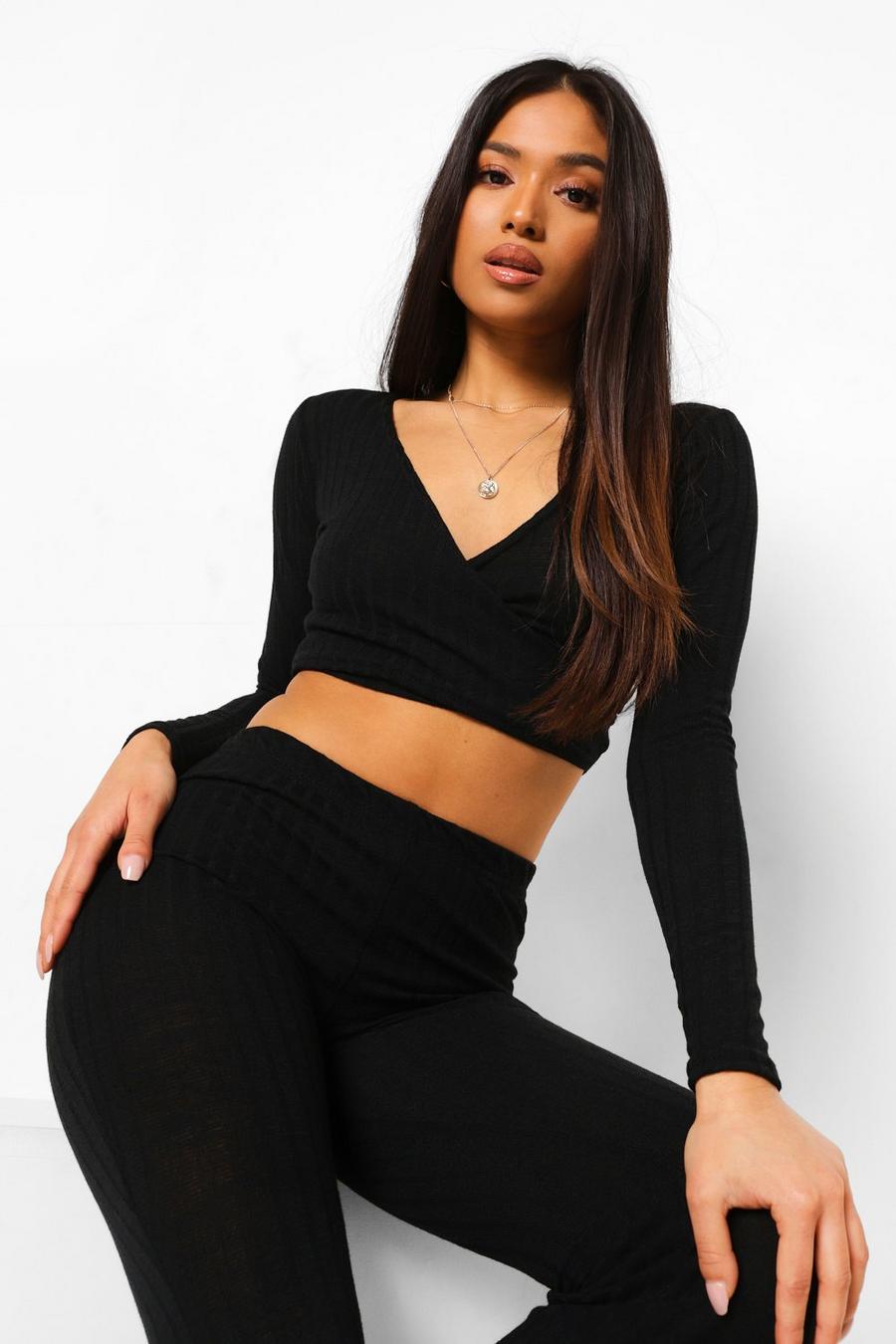 Black Petite Soft Knitted Rib Tie Back Crop Top image number 1