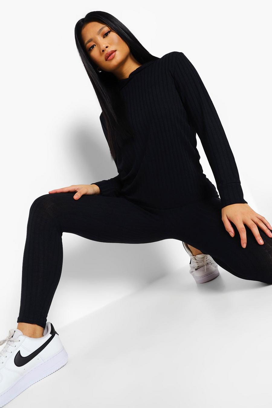 Black Petite Soft Knitted Rib Hoody Co-Ord image number 1