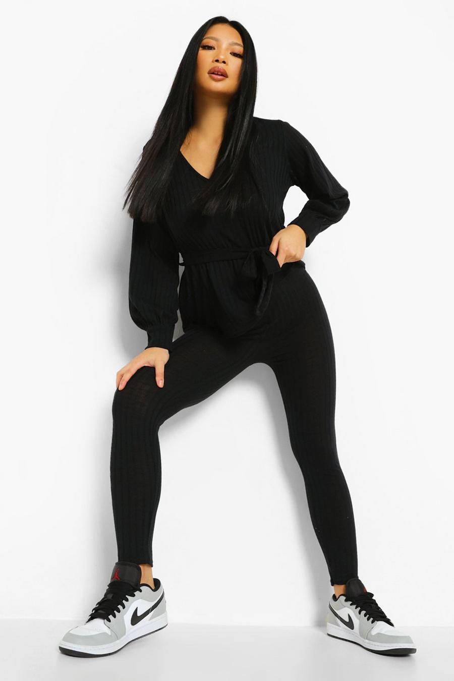Black Petite Soft Knitted Rib Belted Top Co-ord image number 1