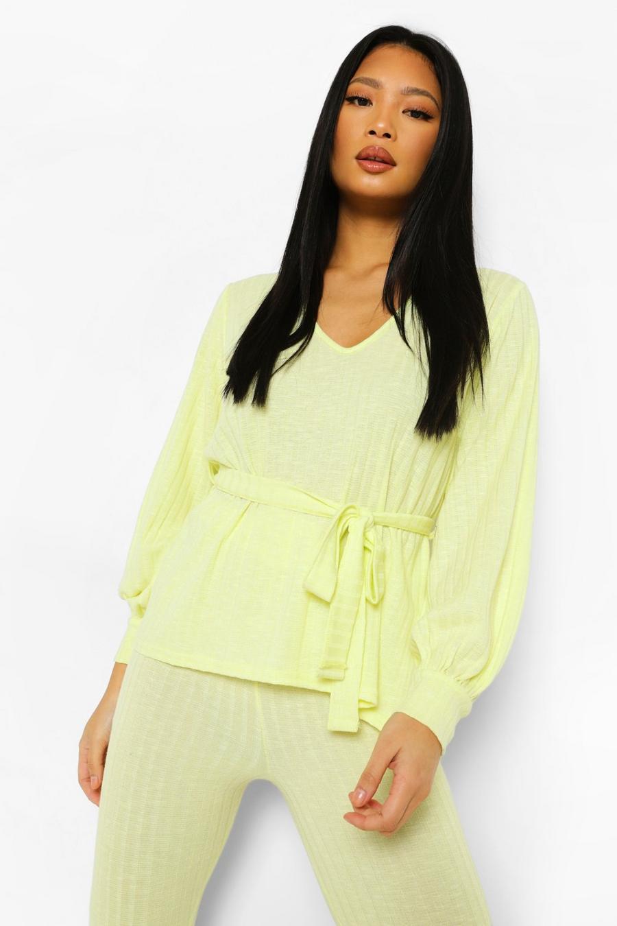 Lime Petite Soft Knitted Rib Belted Top Co-ord image number 1