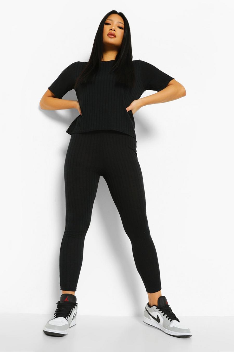 Black Petite Soft Knitted Rib T-Shirt Two-Piece image number 1
