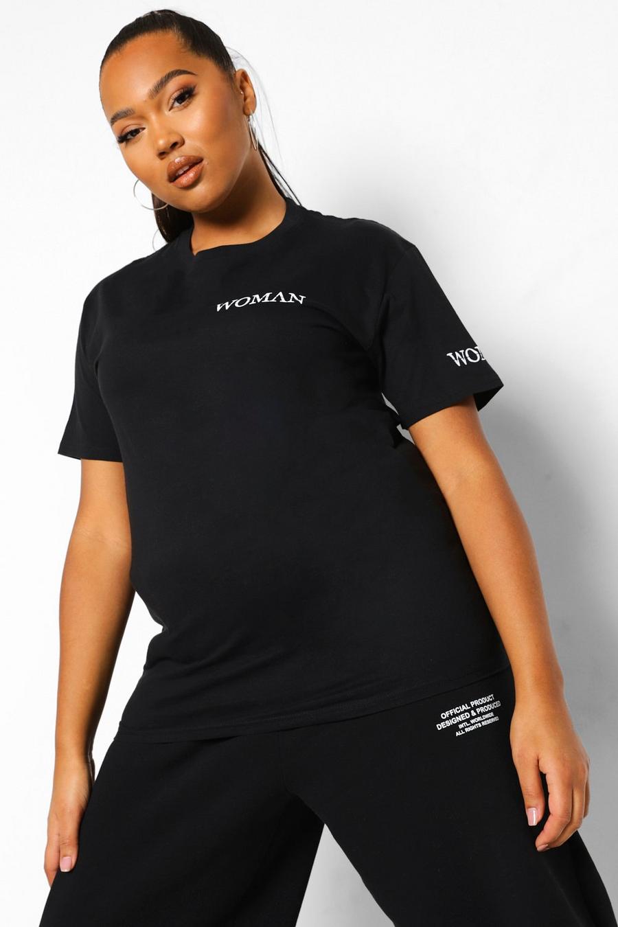 Plus Set aus T-Shirt mit Woman-Print und Jogginghosen , Schwarz image number 1