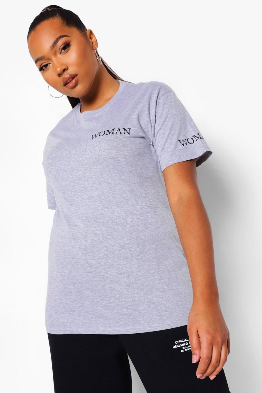 Plus Set aus T-Shirt mit Woman-Print und Jogginghosen , Grau image number 1