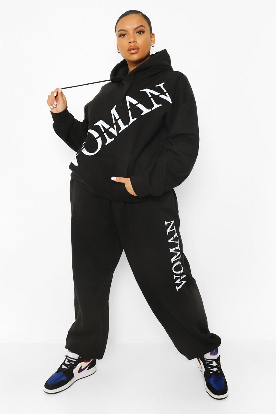 Grande taille - Sweat à capuche et pantalon de survêtement "Woman" sur le devant, Black image number 1