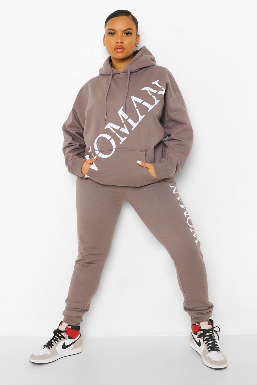 Charcoal gris Plus Woman Front Print Hooded Tracksuit