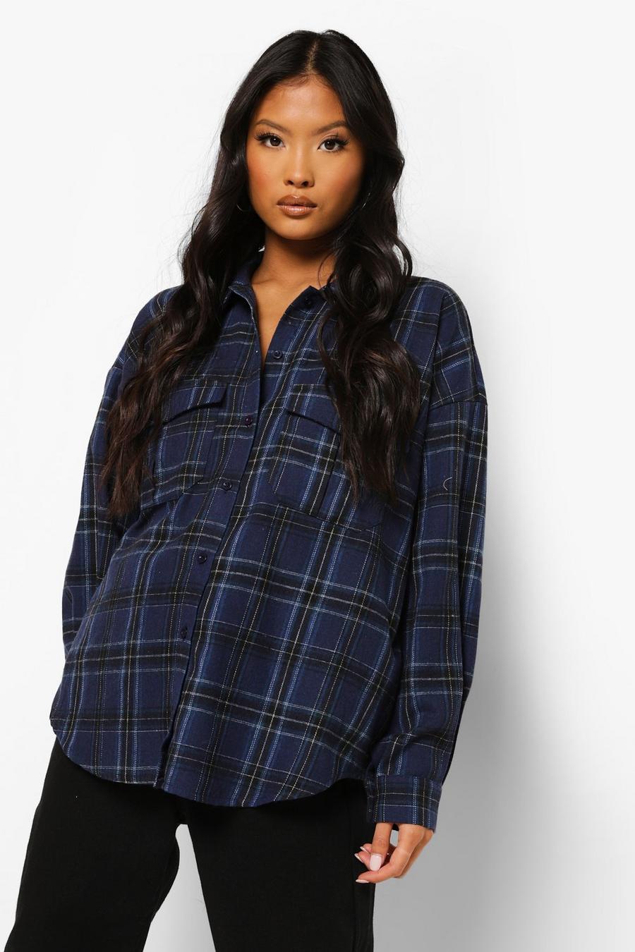 Navy Petite Cut Out Back Oversized Check Shirt image number 1