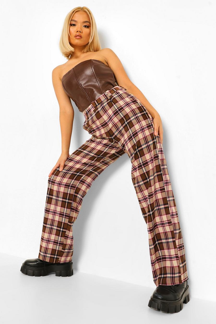 Brown Petite Check Wide Leg Trousers image number 1