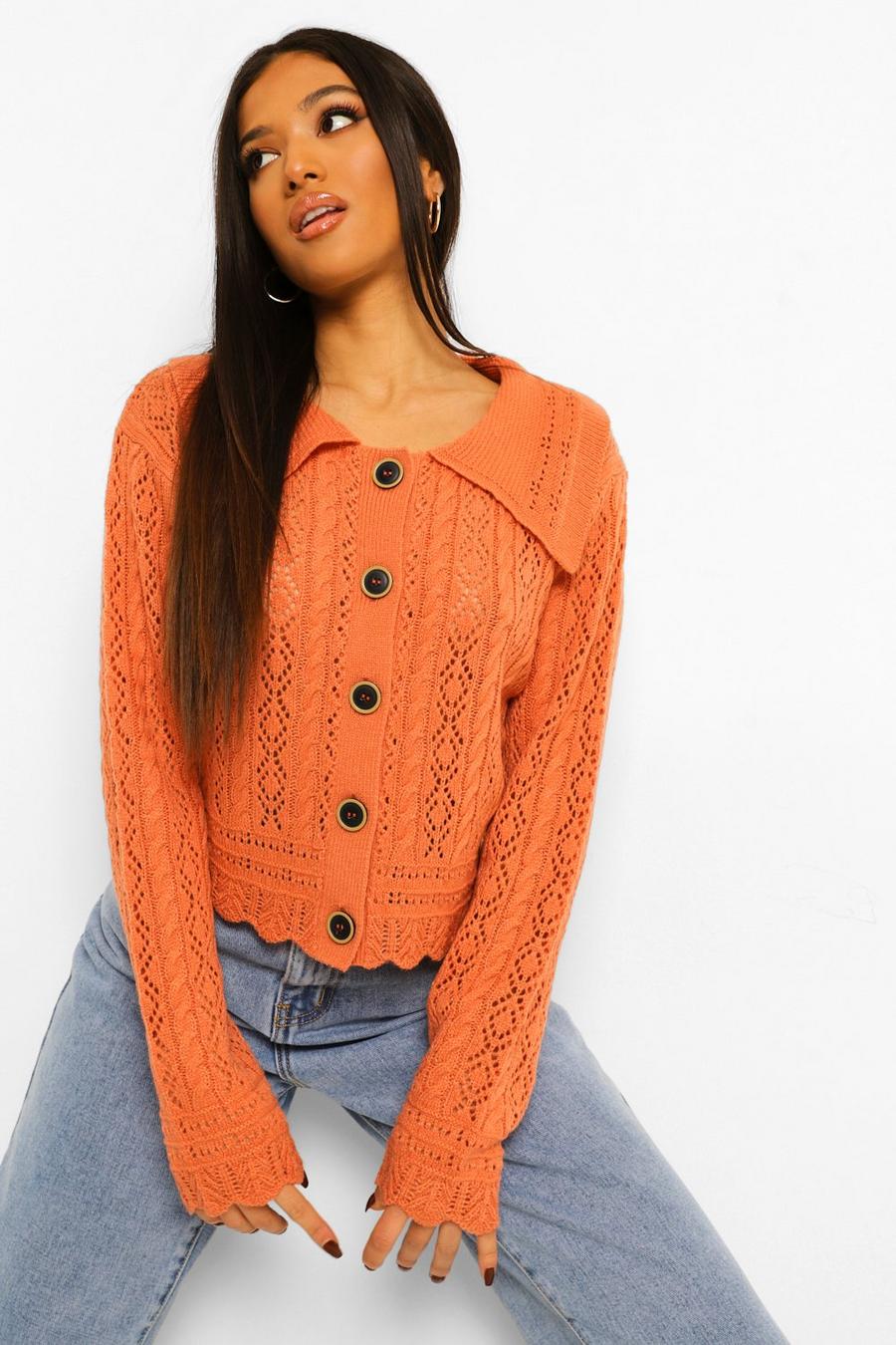 Burnt orange Petite Knitted Collar Detail Cardigan image number 1
