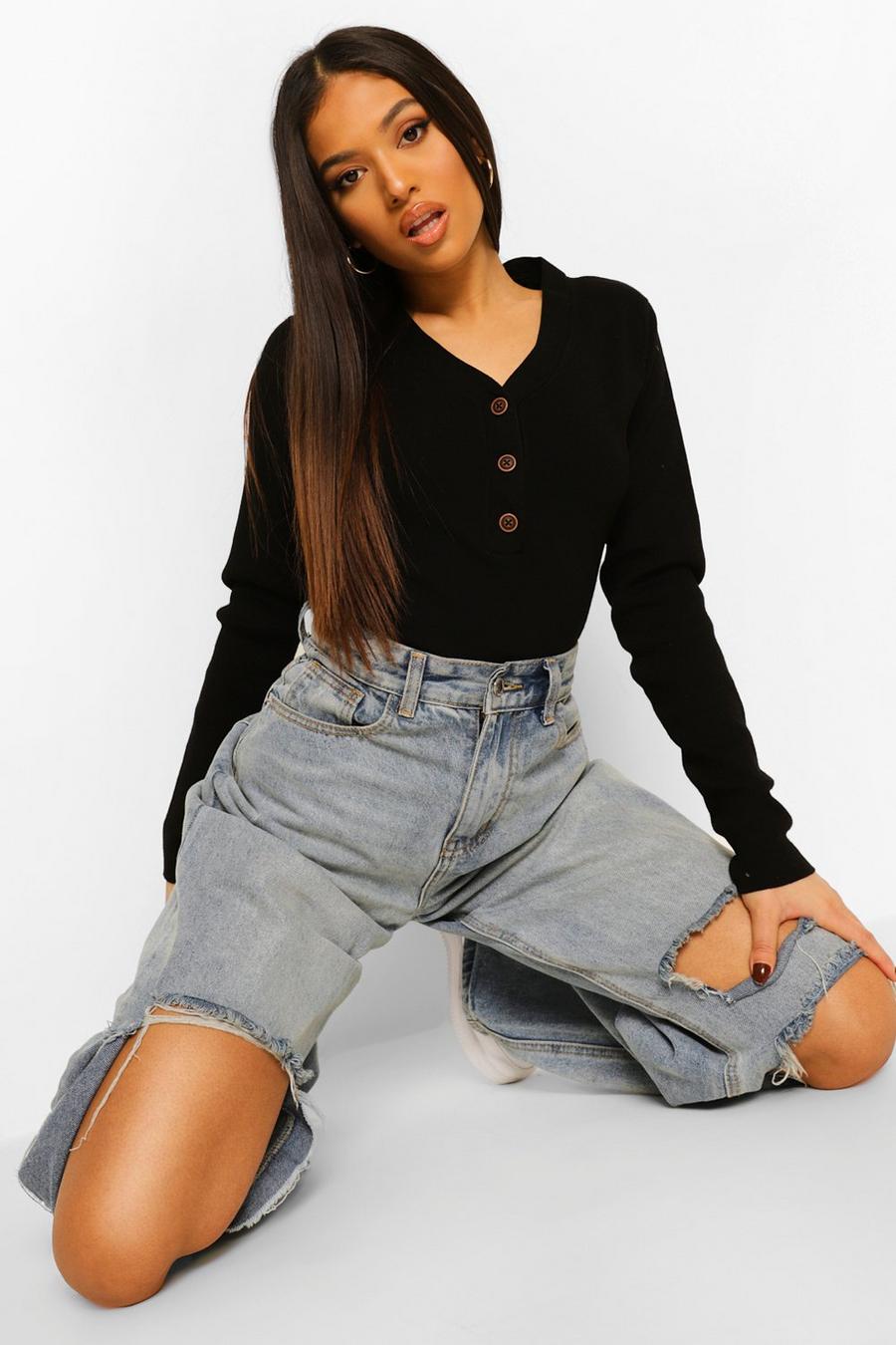 Black Petite Button Through Knitted Top image number 1