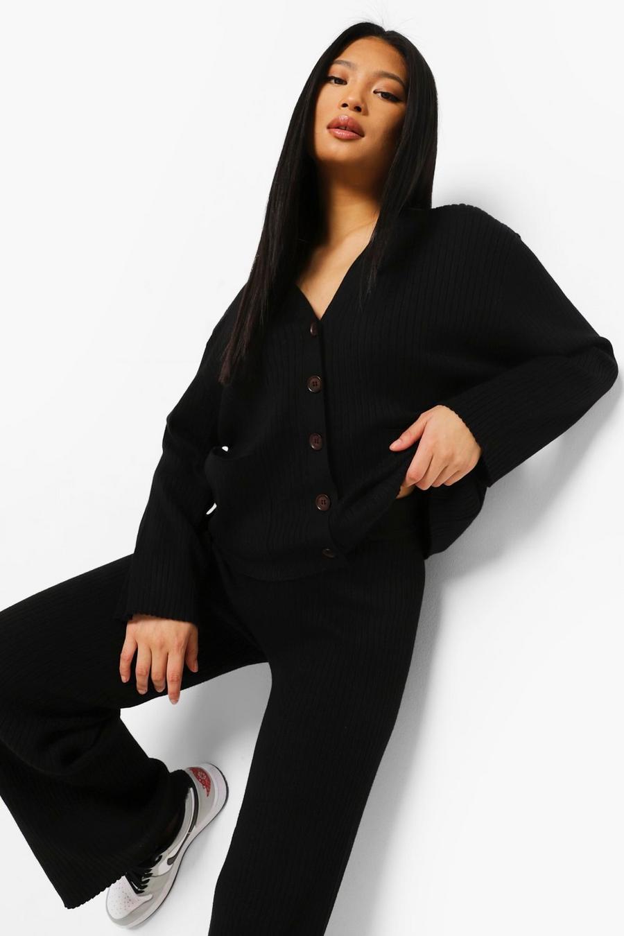 Black Petite Knitted Button Through Cardigan Co-Ord image number 1