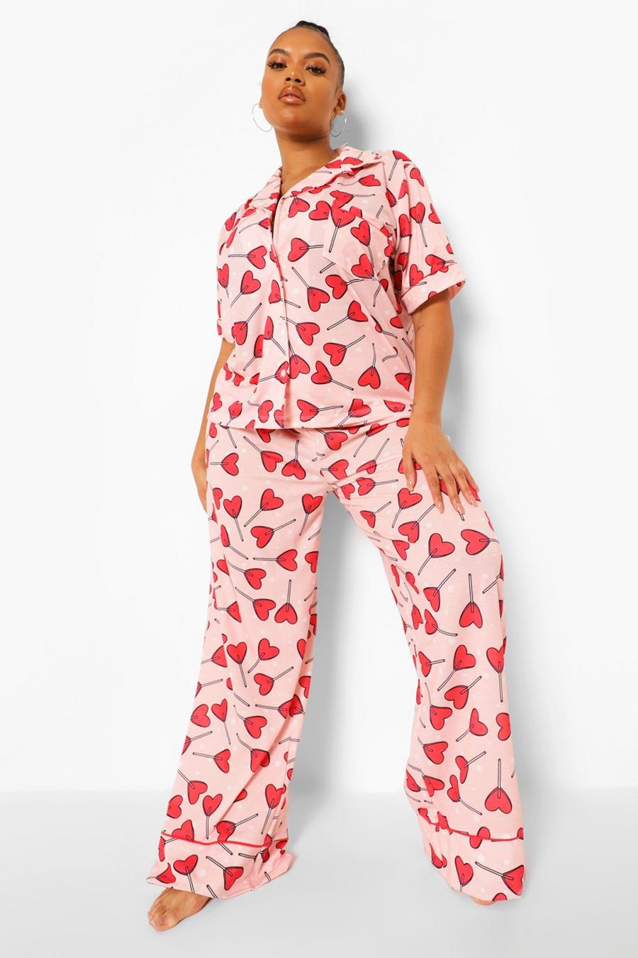 Plus Jersey-Pyjama mit Herz Lollipop-Print, Rosa pink