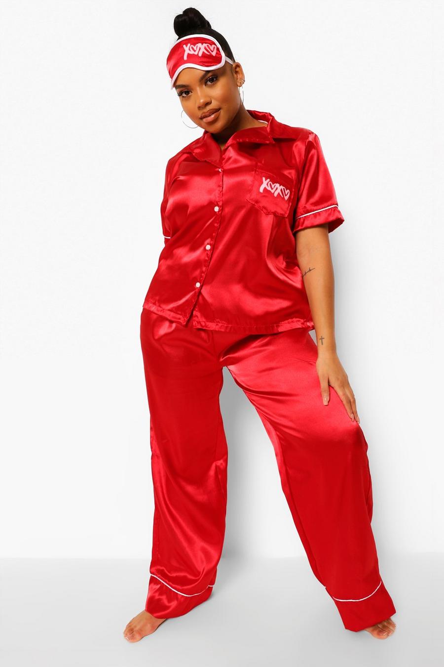 Red Plus Embroidered Satin Pajamas image number 1