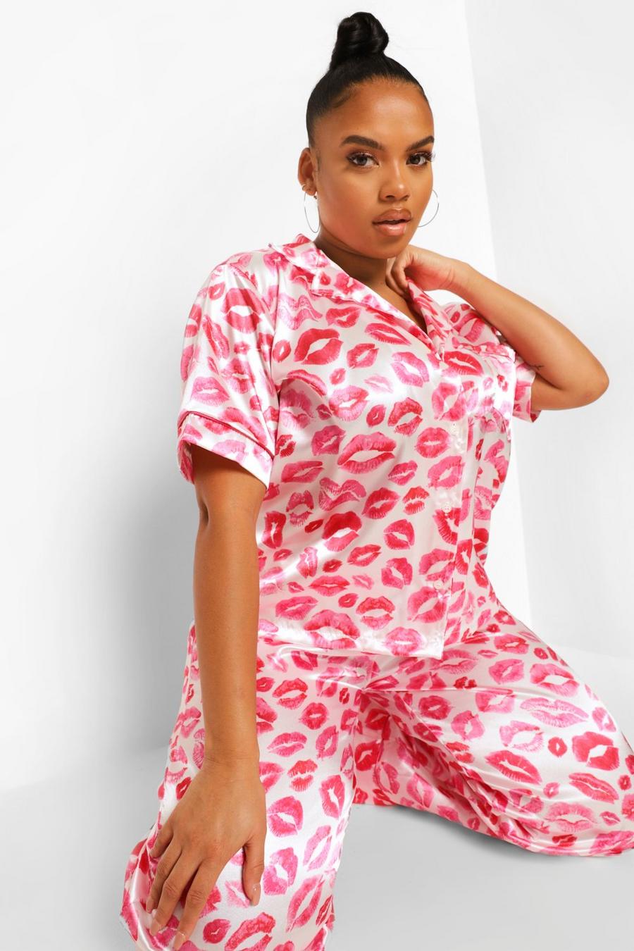 Pink Plus Lip Print Satin Pajama And Mask image number 1
