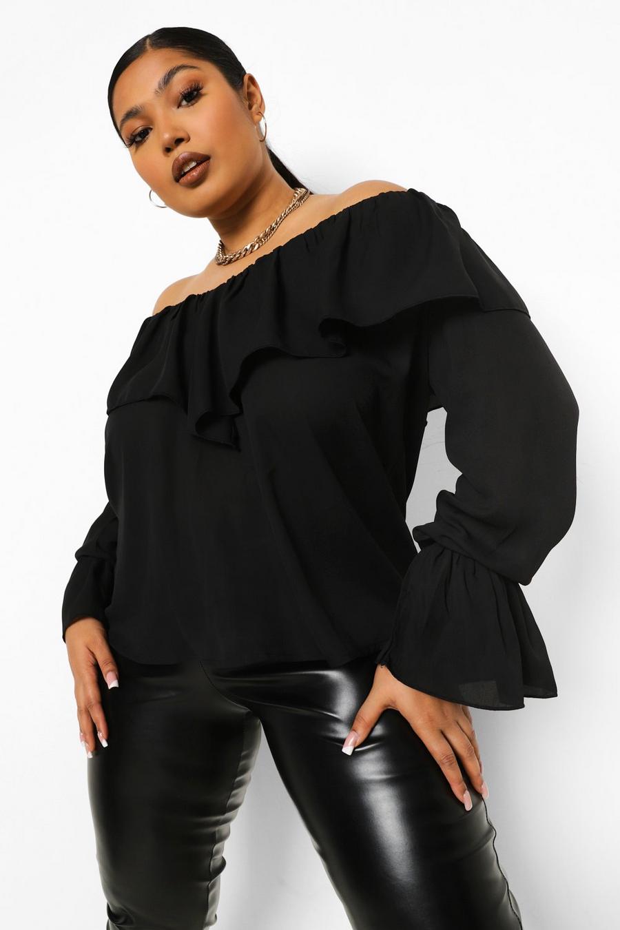 Black Plus Ruffle Off Shoulder Flare Cuff Blouse image number 1