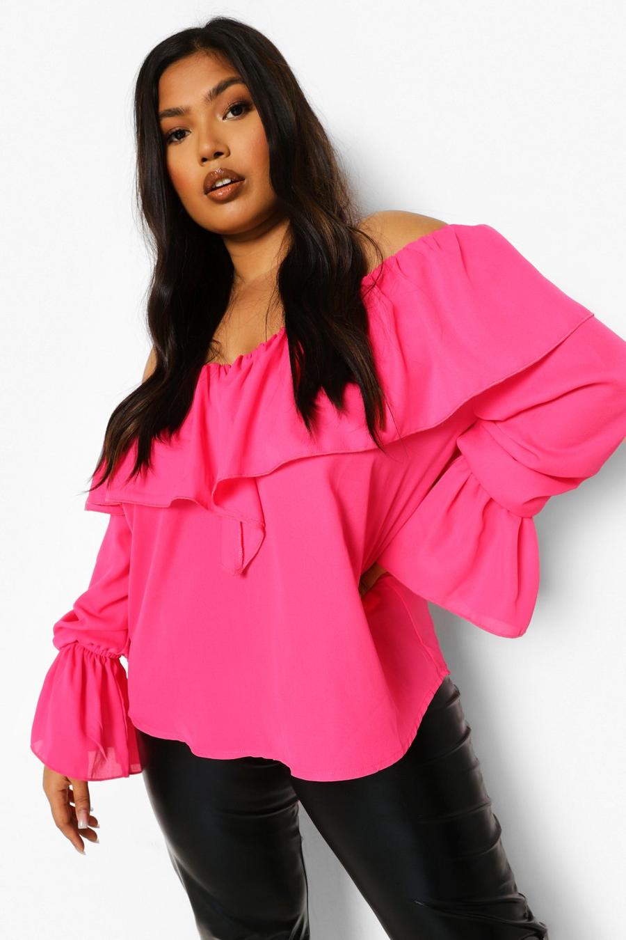 Hot pink Plus Ruffle Off Shoulder Flare Cuff Blouse image number 1