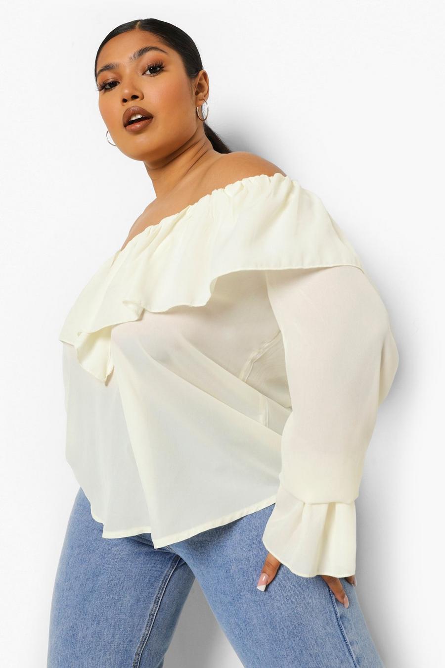 Ivory Plus Ruffle Off Shoulder Flare Cuff Blouse image number 1