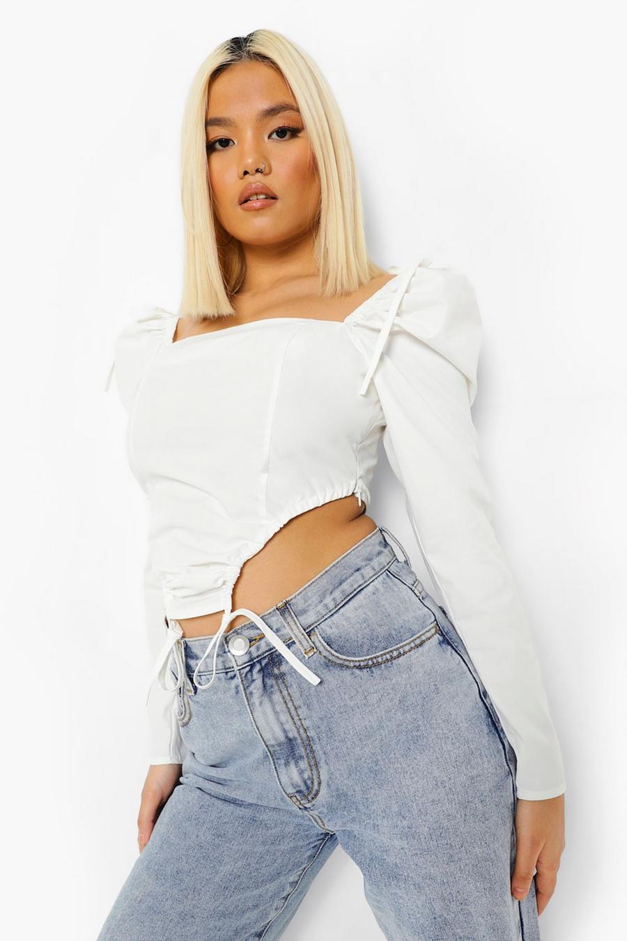 White Petite Puff Sleeve Ruched Detail Crop Top image number 1