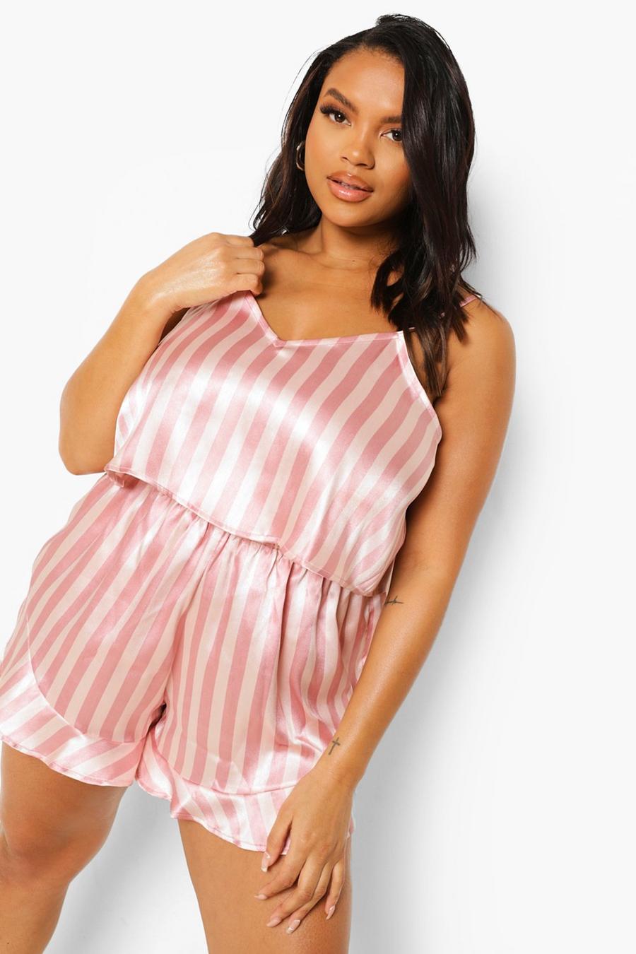 Grande taille - Top à bretelles et short de pyjama à rayures, Pink image number 1