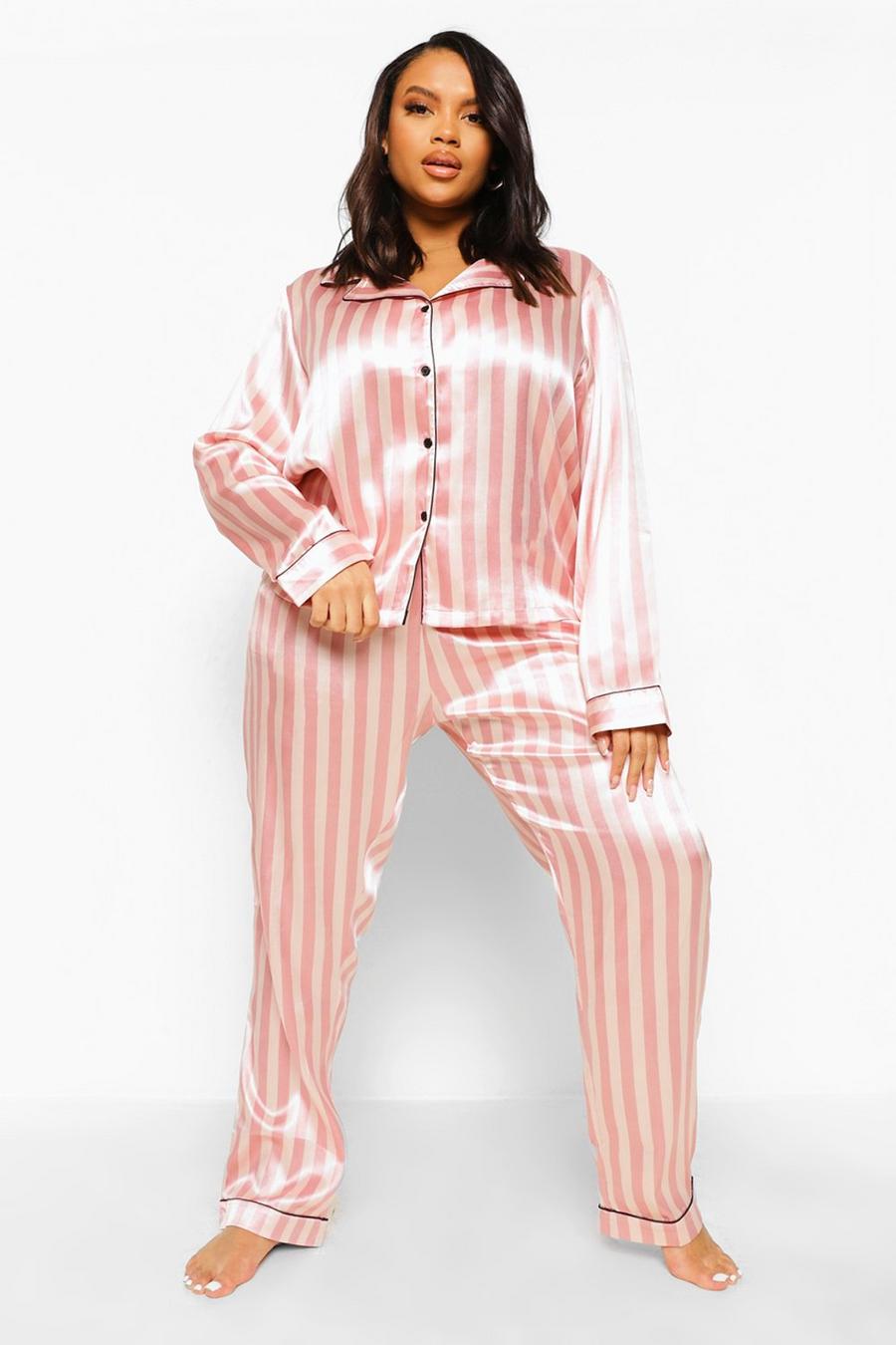 Pijama in raso a righe bianche e rosa Plus image number 1