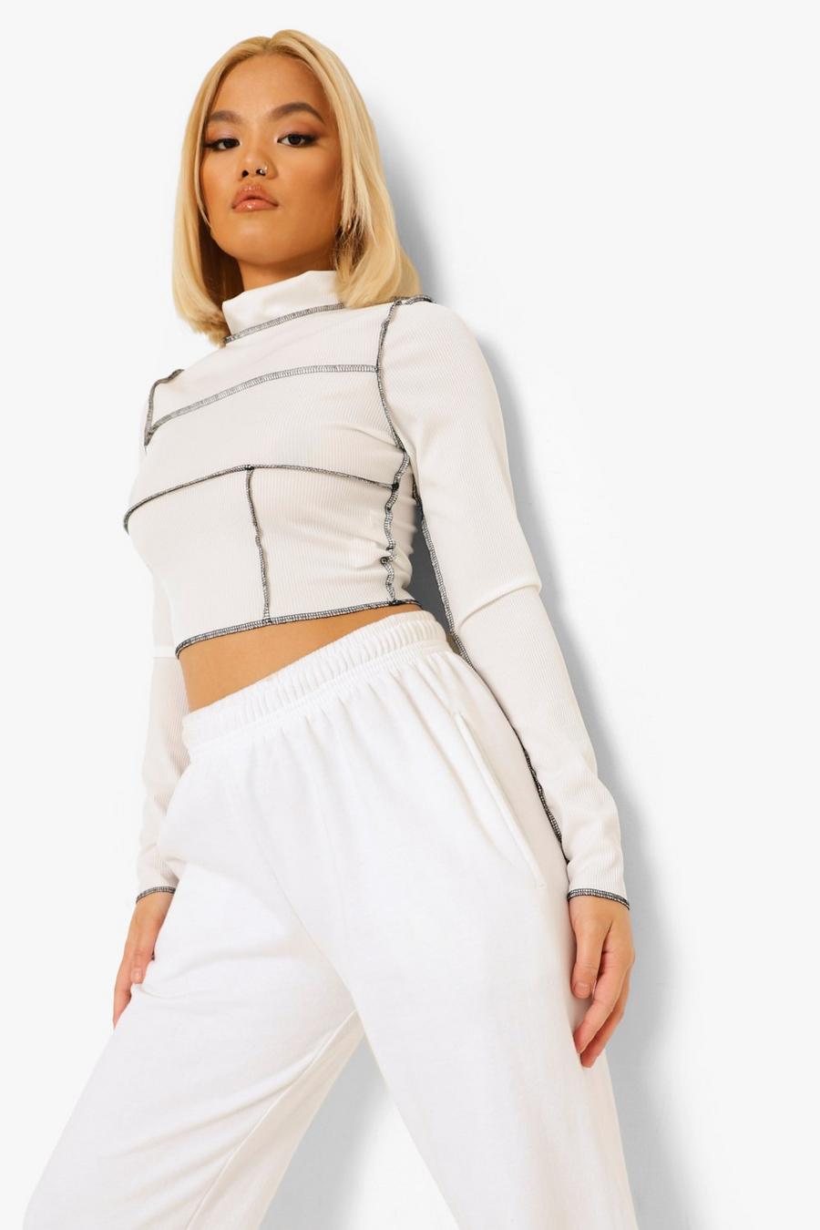 Ivory Petite Contrast Stitch Long Sleeve Crop Top image number 1