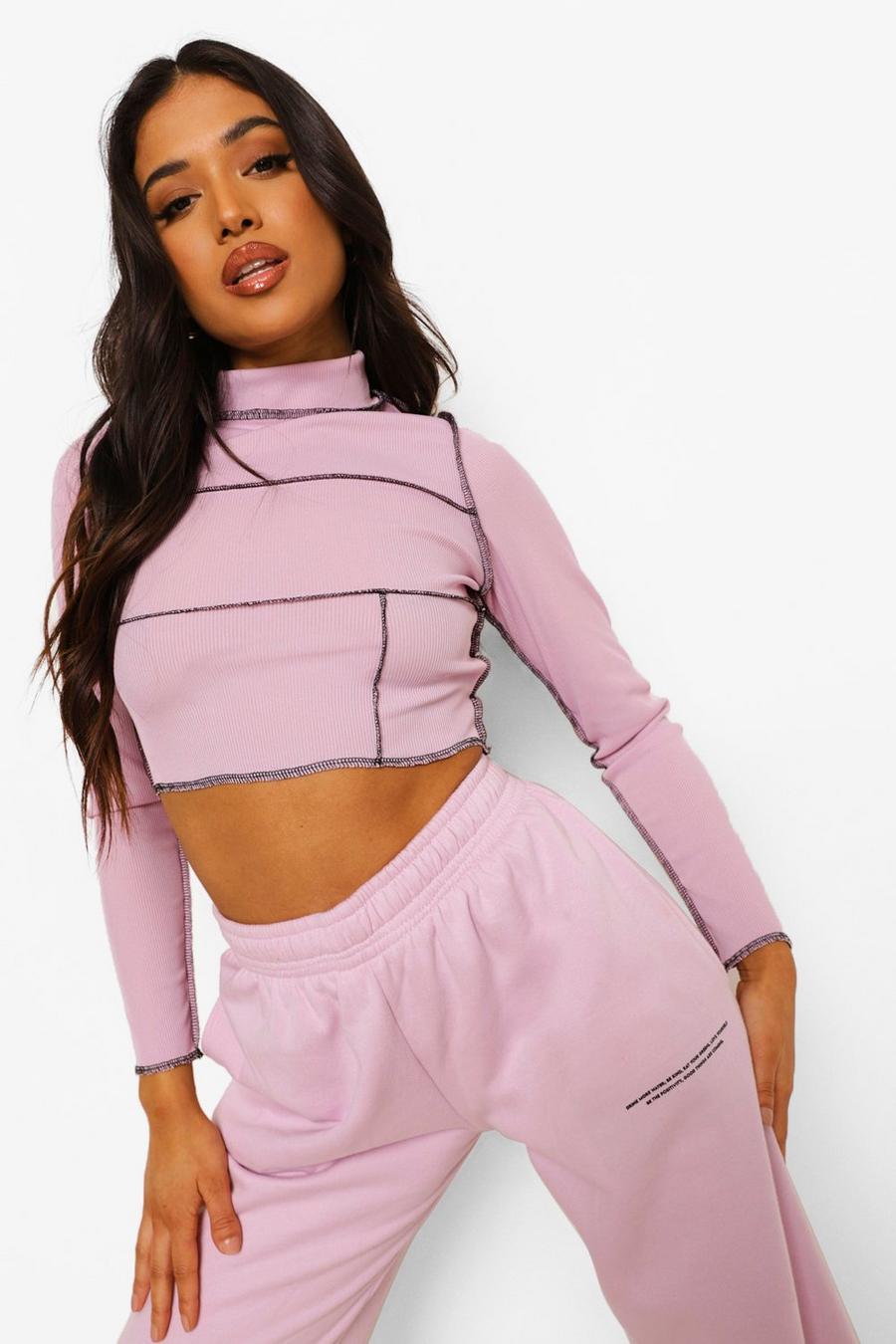 Lilac Petite Contrast Stitch Long Sleeve Crop Top image number 1