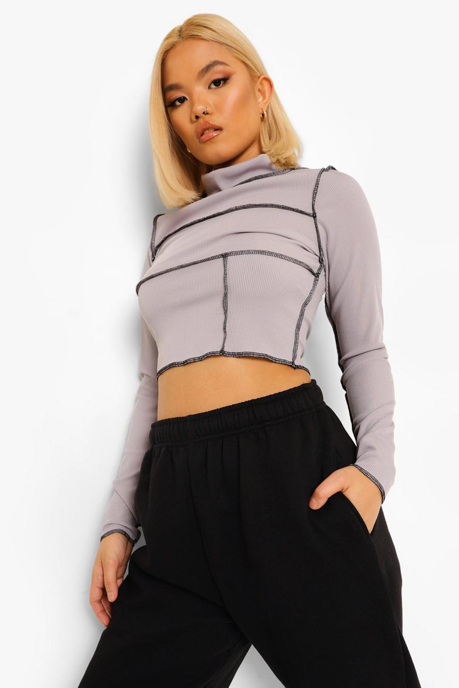 Silver Petite Contrast Stitch Long Sleeve Crop Top image number 1