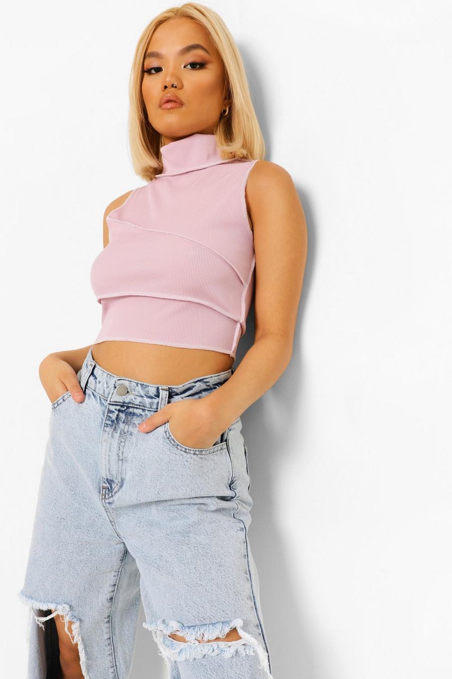 Lilac Petite Contrast Top Stitch High Neck Crop Top image number 1