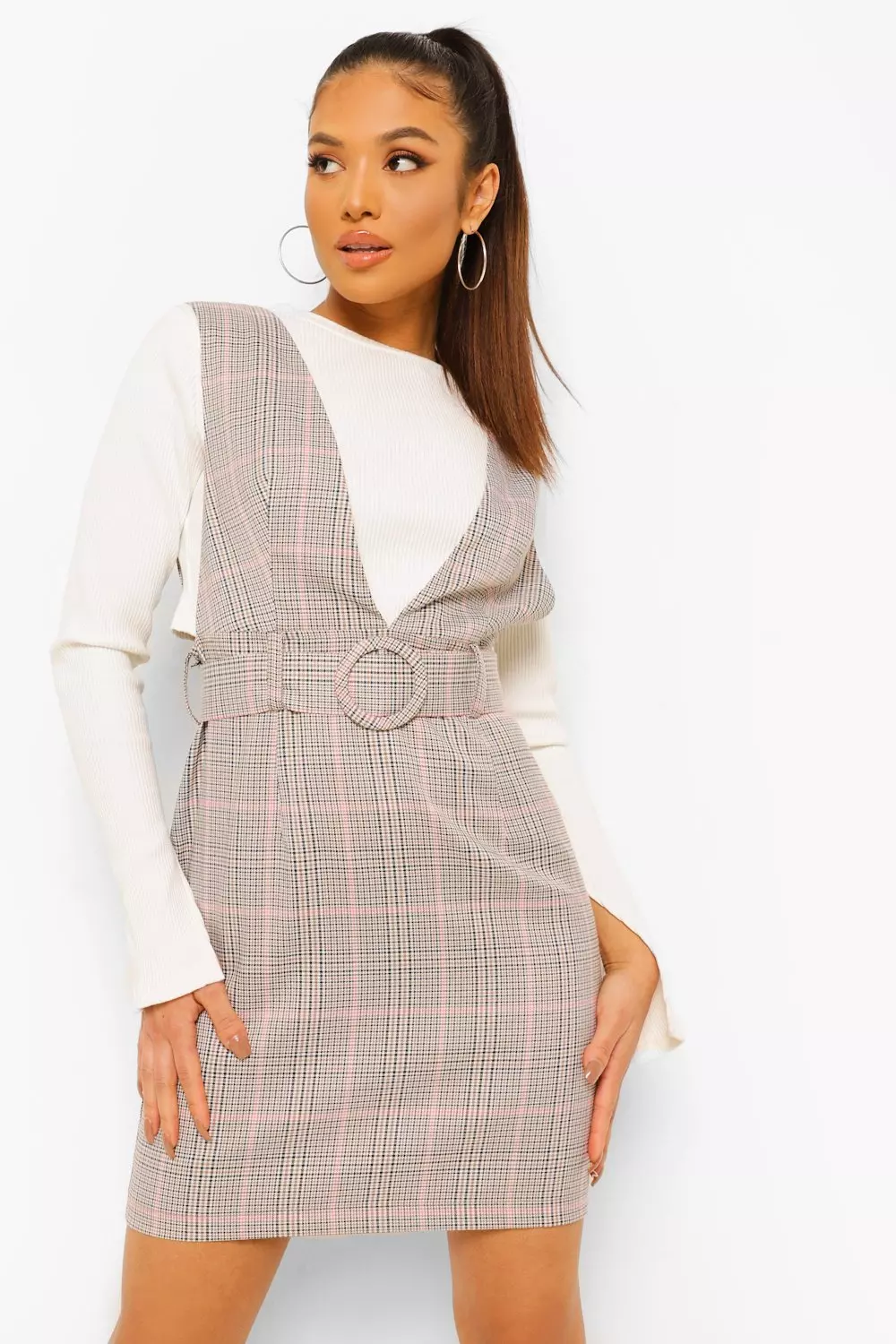 Petite checked shop pinafore dress