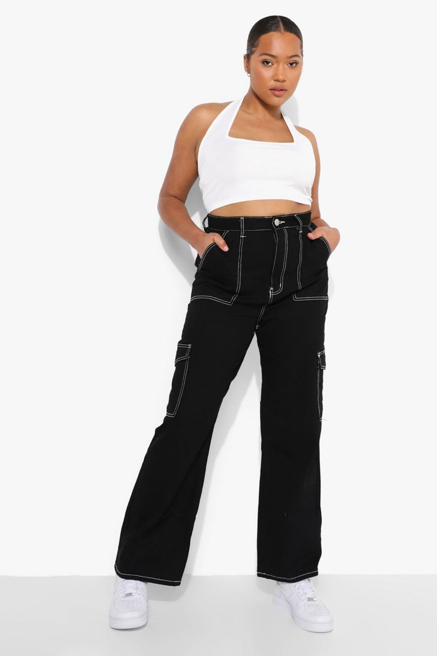 Black Plus Contrast Stitch Pocket Boyfriend Jeans image number 1