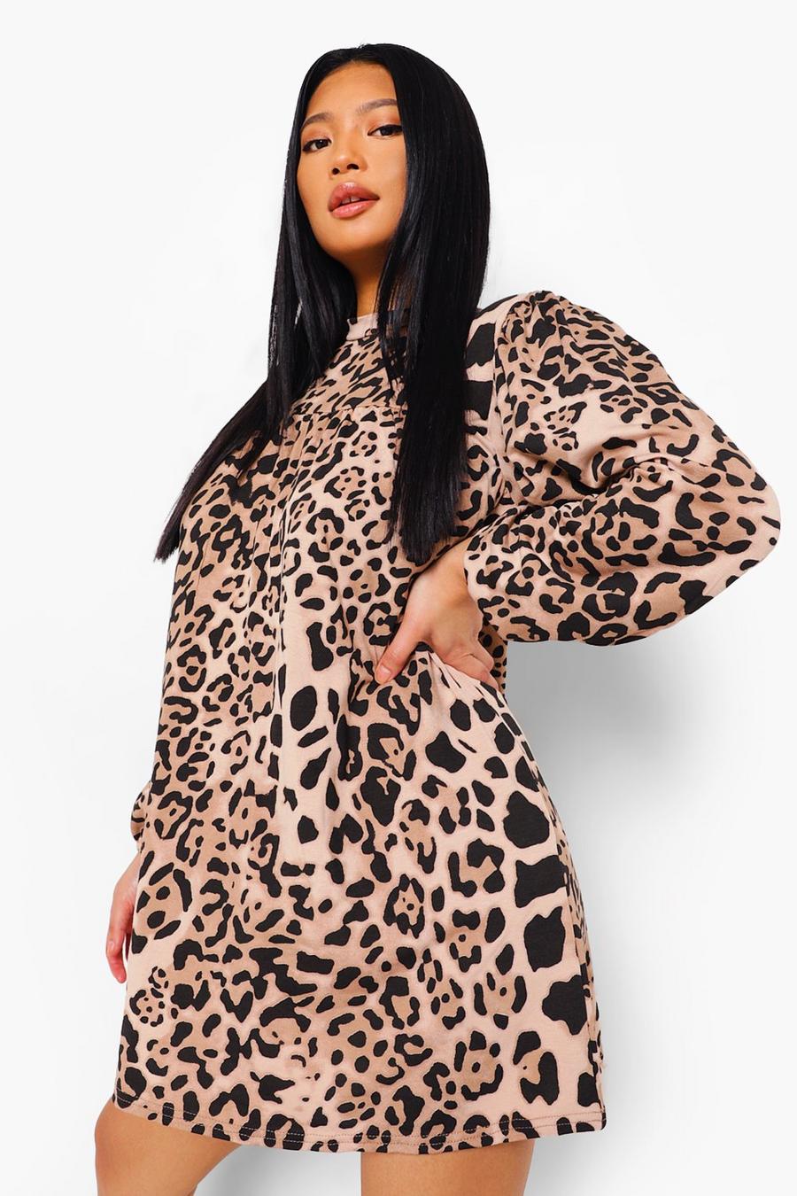 Vestido estilo blusón con estampado de leopardo y cuello alto Petite, Natural image number 1