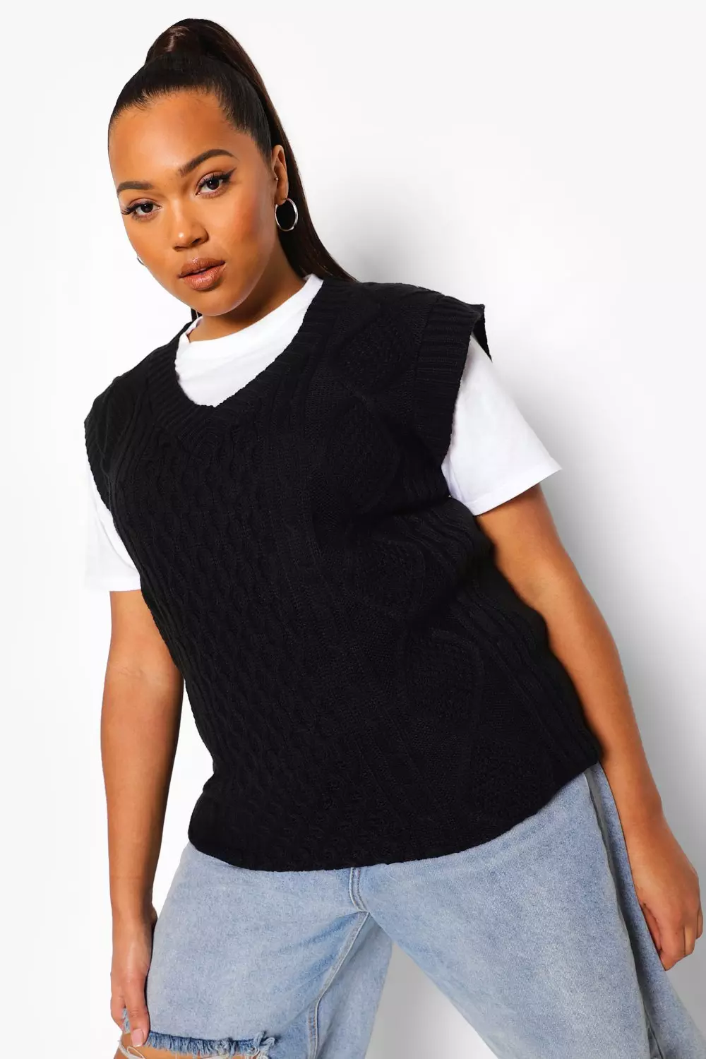 Black Plus Cable Knit V Neck Tank alternative image