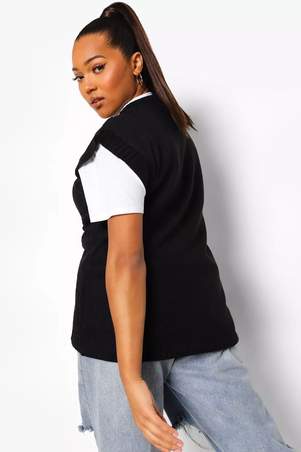 Black Plus Cable Knit V Neck Tank alternative image