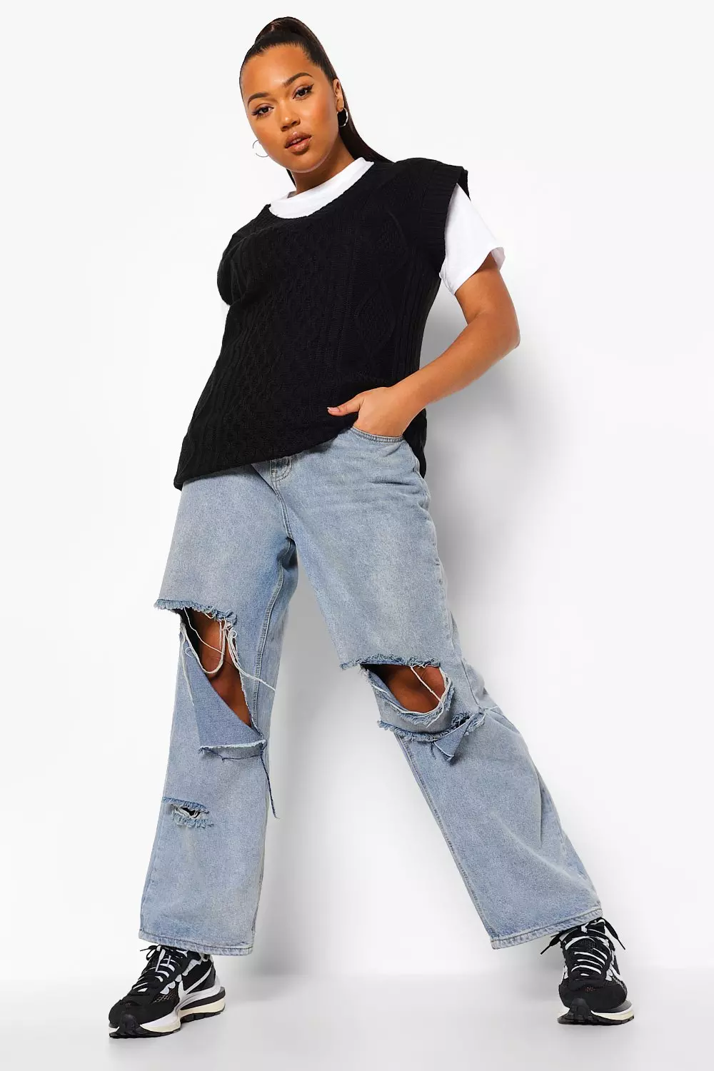 Black Plus Cable Knit V Neck Tank alternative image