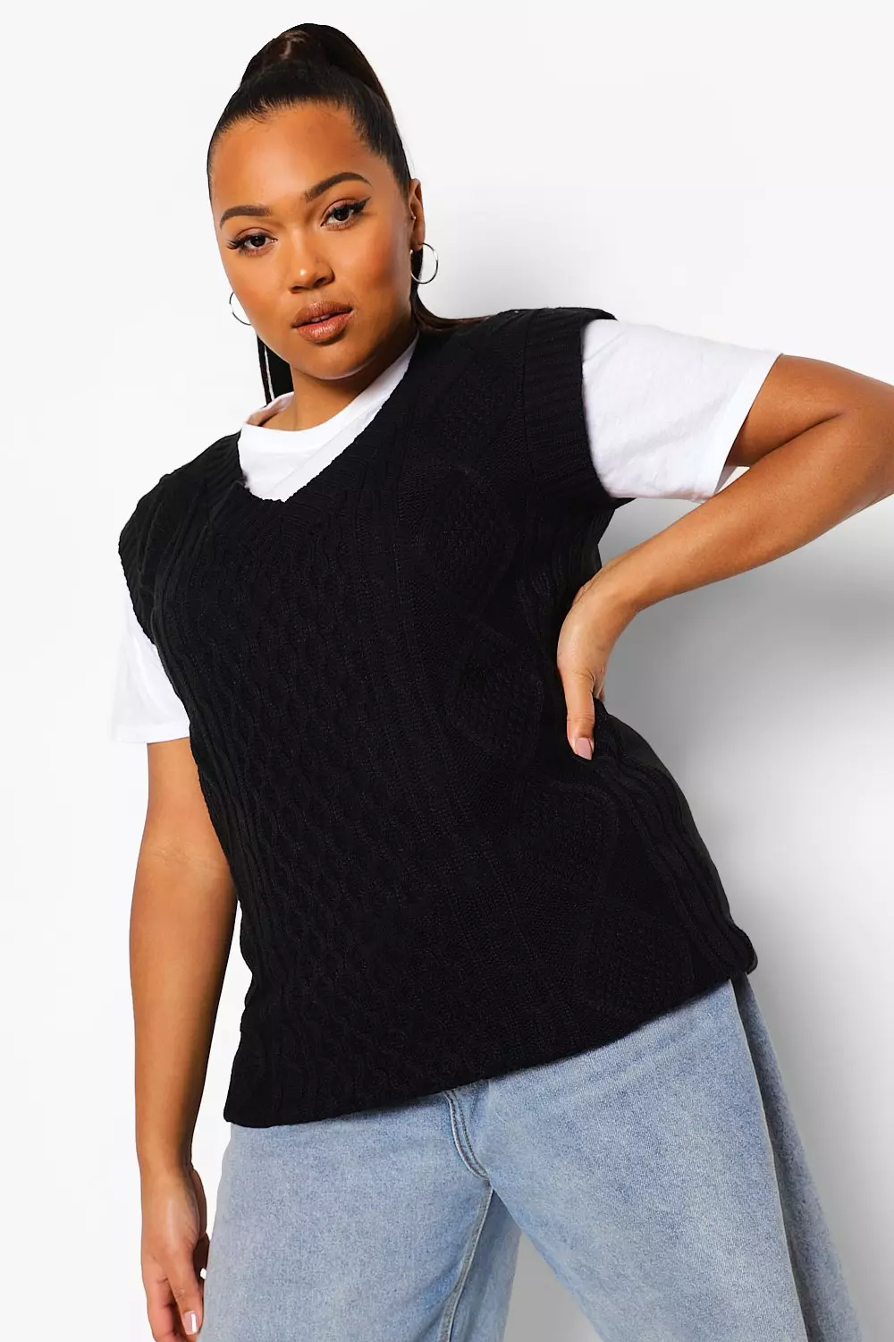 Black Plus Cable Knit V Neck Tank alternative image