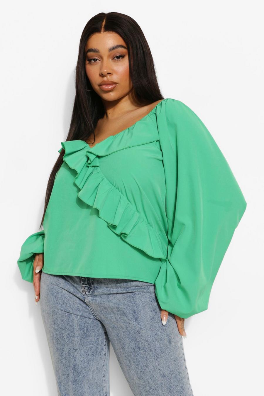 Bright green Plus Ruffle Plunge Puff Sleeve Blouse image number 1