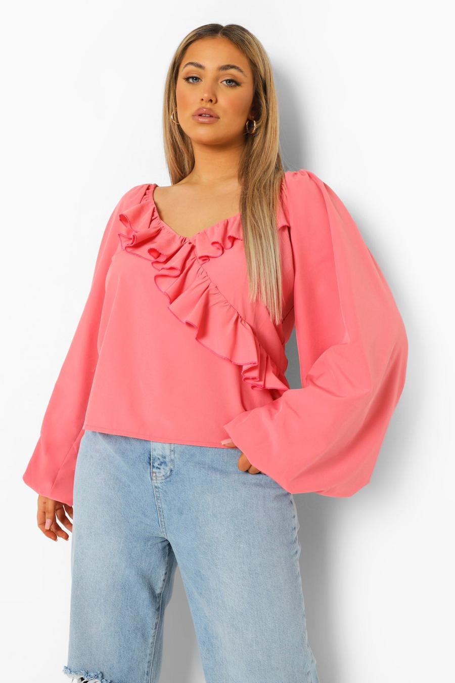 Coral Plus Ruffle Plunge Puff Sleeve Blouse image number 1