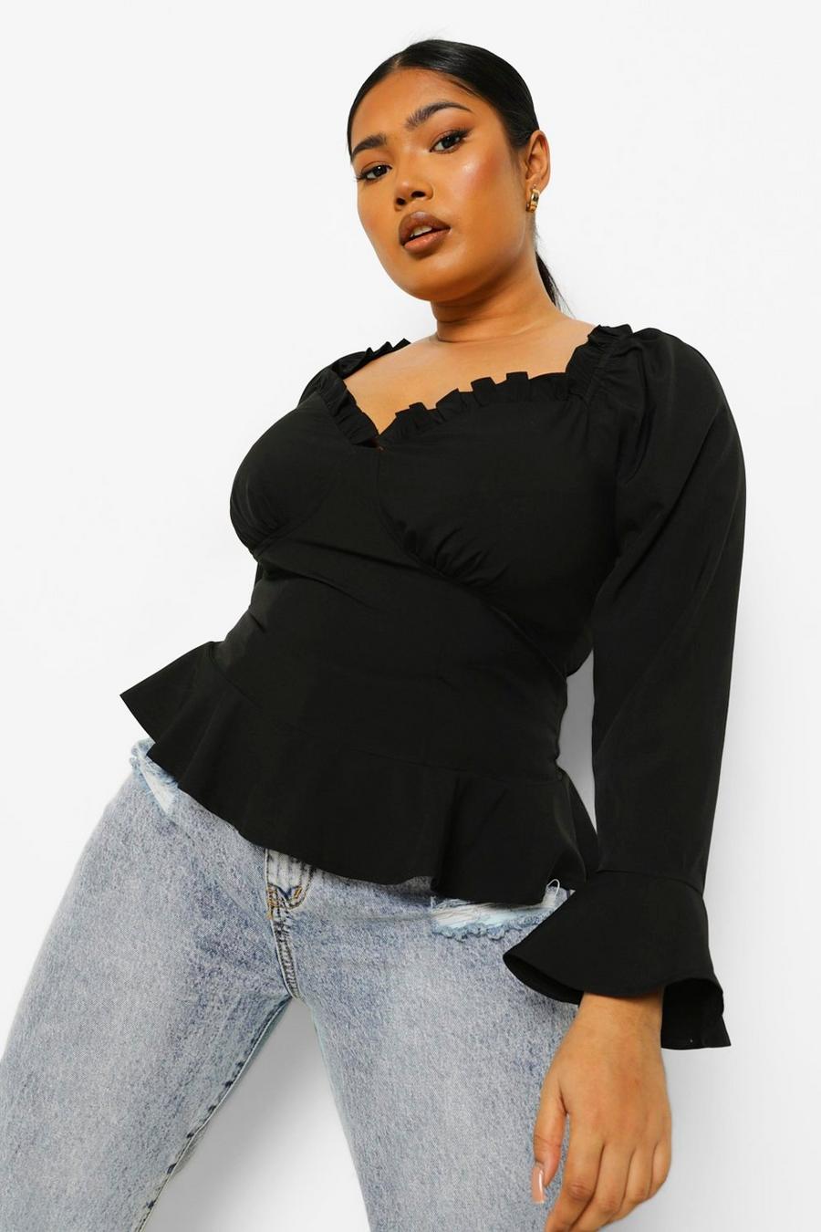 Black Plus Fitted Corset Ruffle Blouse image number 1