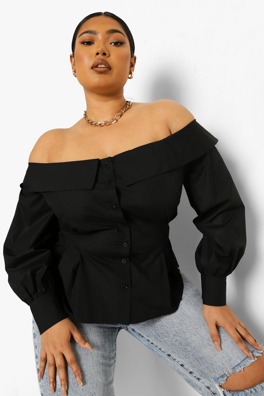 Black Plus Bardot Cinched Volume Sleeve Shirt image number 1
