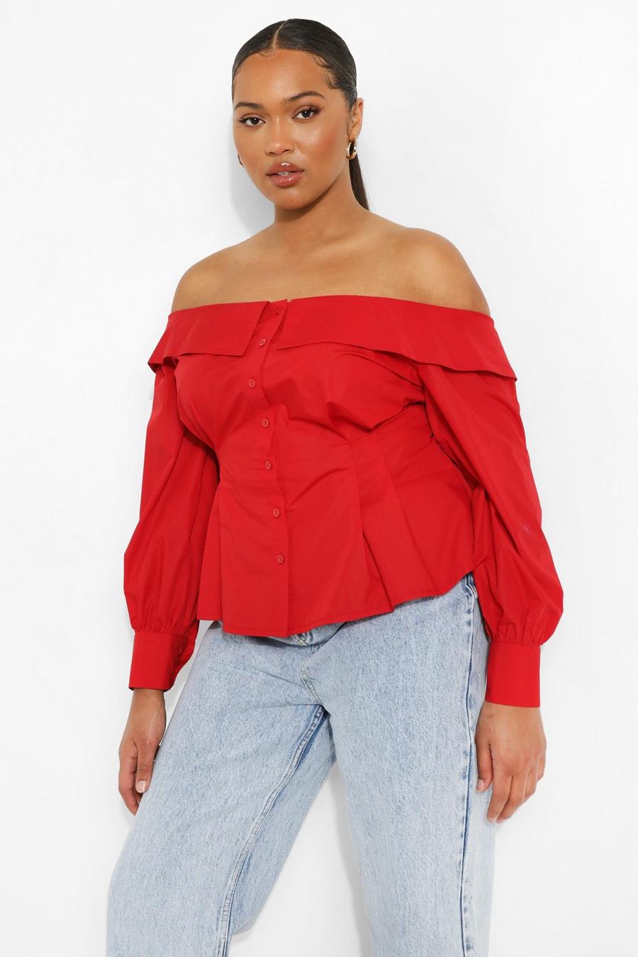 Red Plus Bardot Cinched Volume Sleeve Shirt image number 1